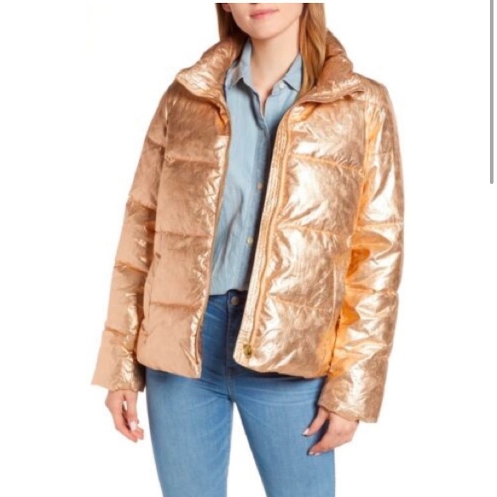 J. Crew Rose Gold Metallic Puffer Coat with Quilted Mock Neck - Picture 1 of 7